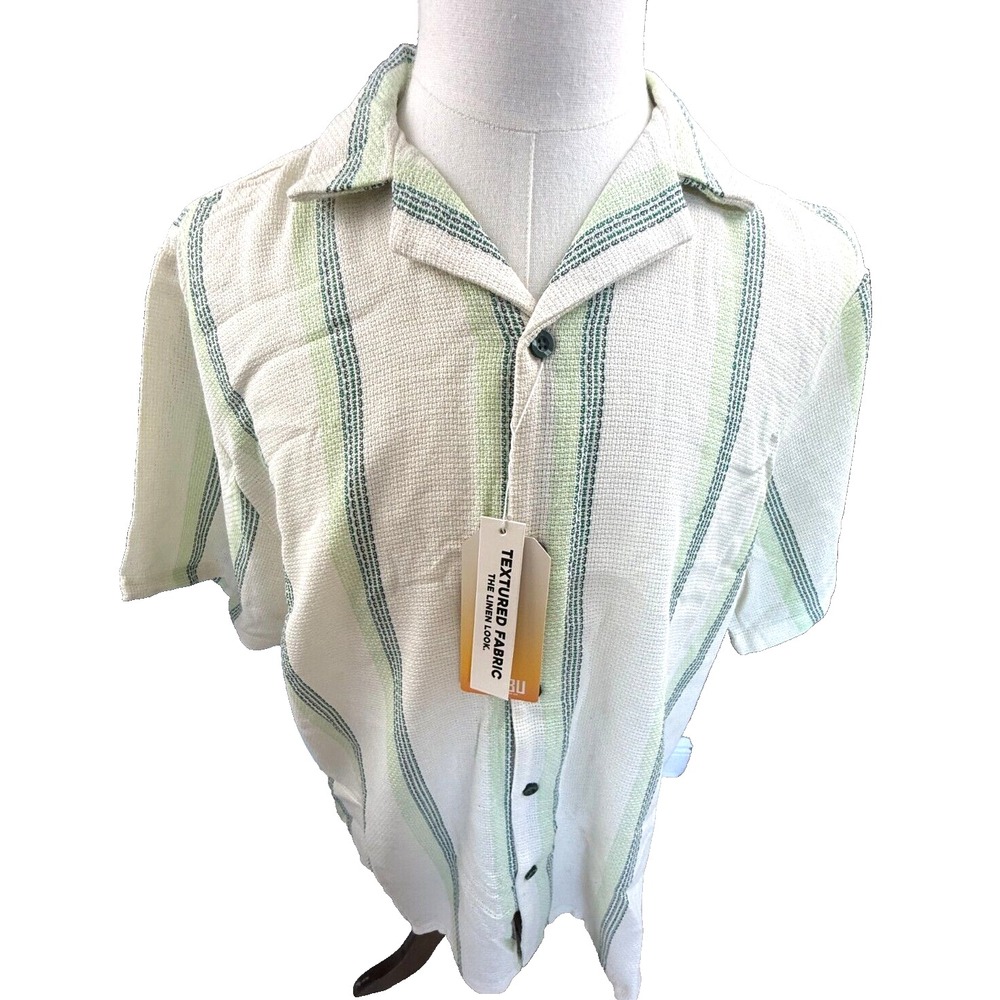 Casual Short-Sleeve Button-Down Shirt in Cream with Green Stripes